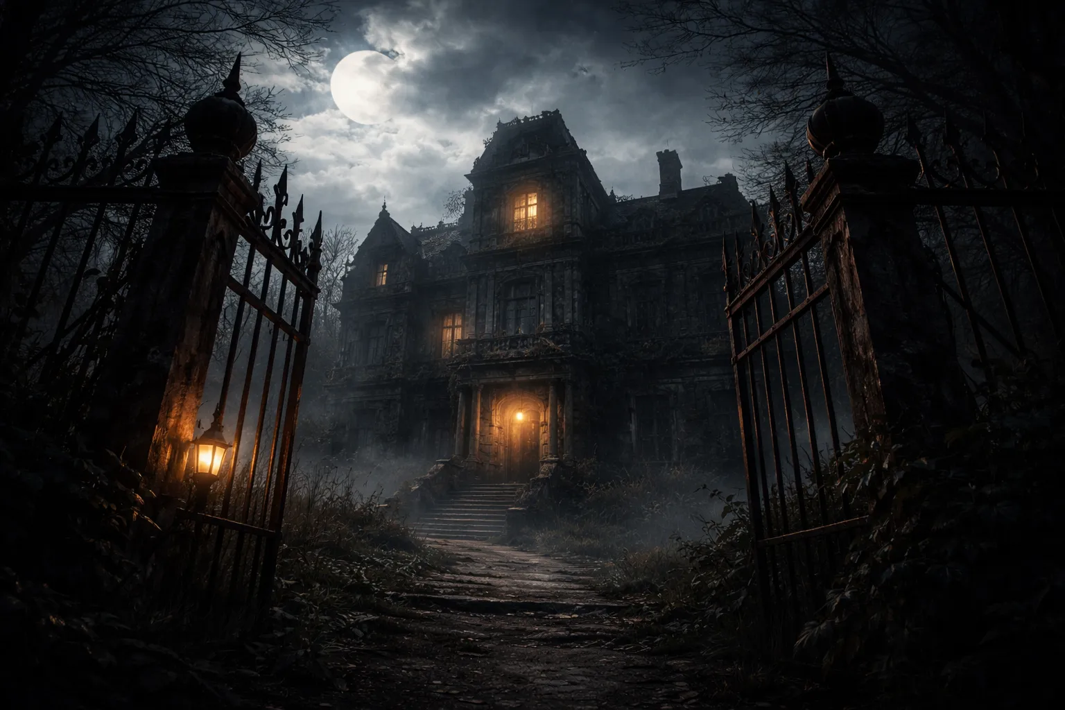 Blackwood Manor — a gothic Victorian mansion behind iron gates under a full moon