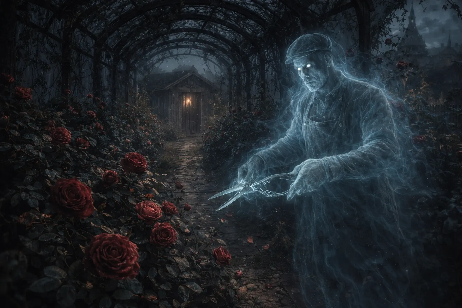 The spectral gardener pruning roses in the overgrown garden