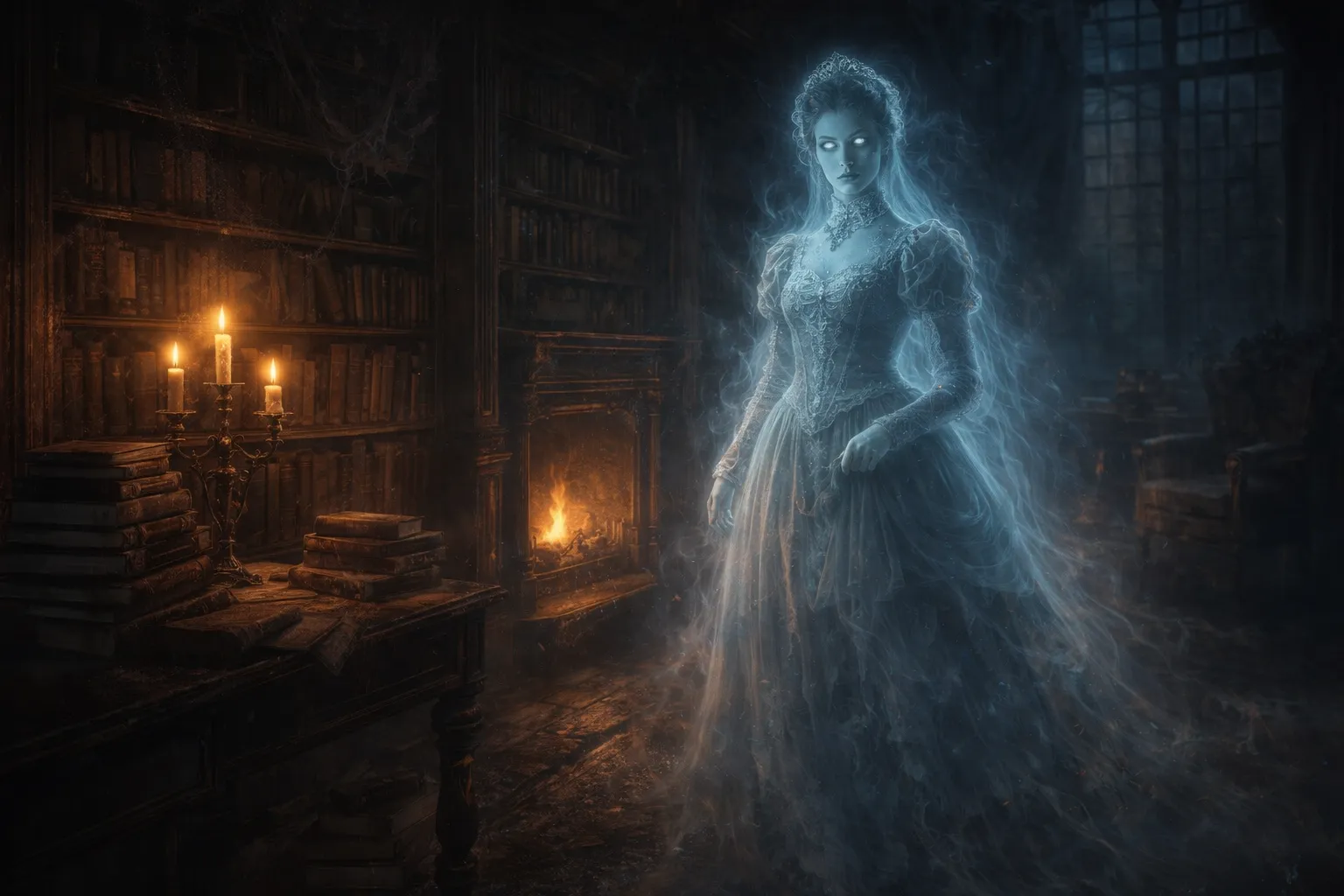 Lady Blackwood's ghost in the candlelit library