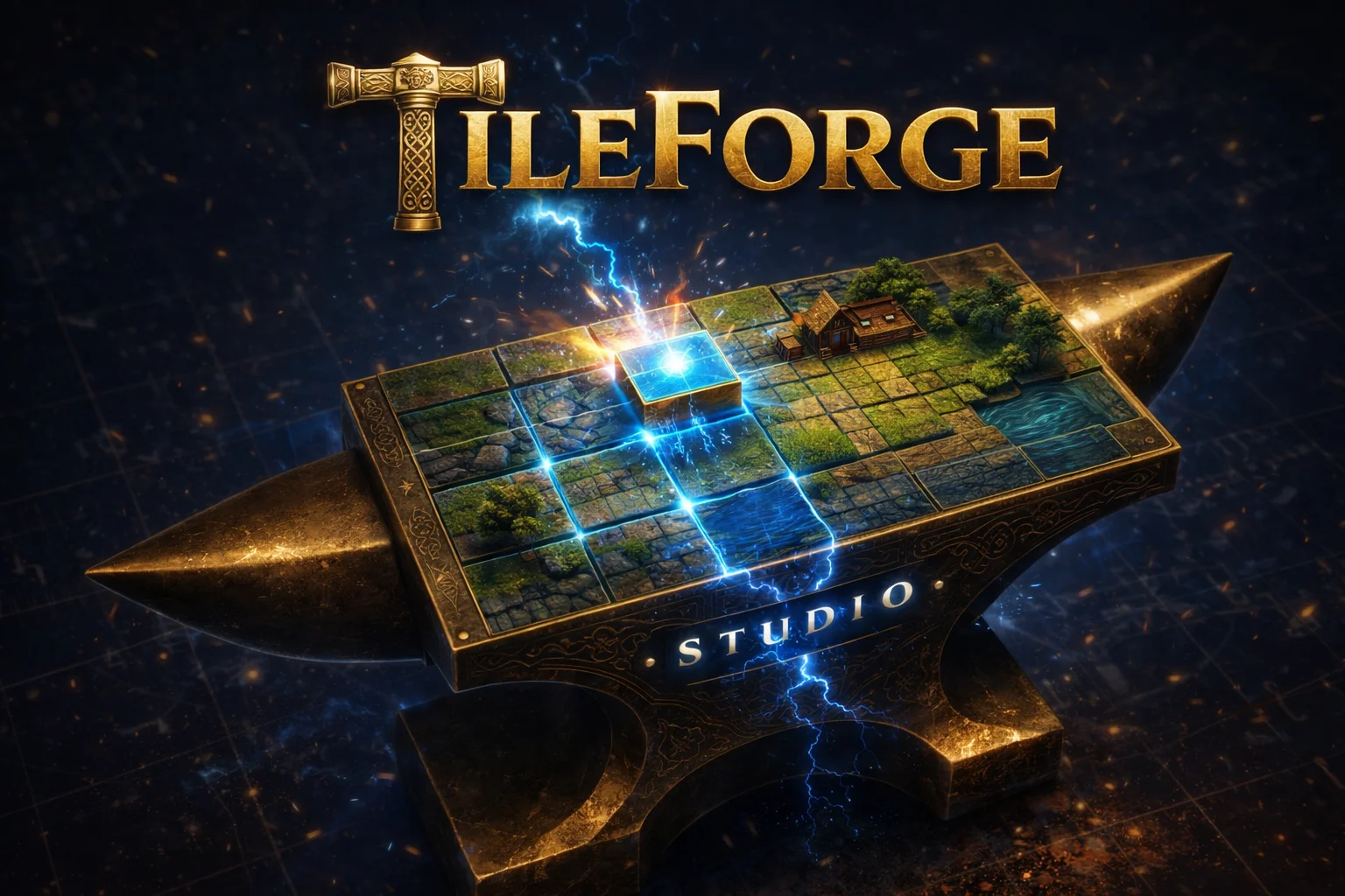 TileForge Studio — anvil with tile map and lightning